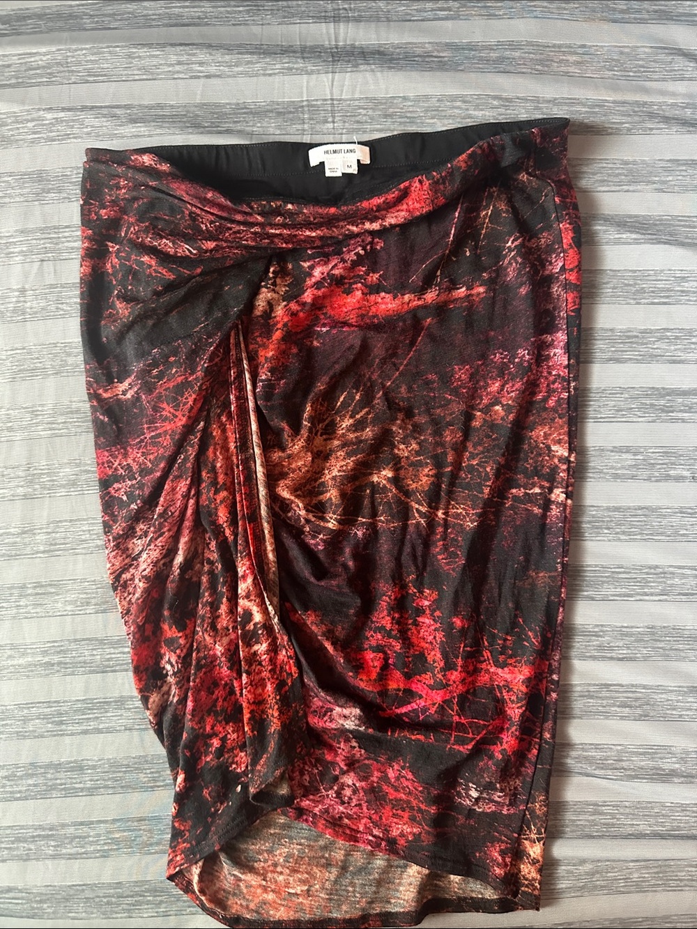 Helmut Lang Red and Black Twisted Draped Midi Skirt